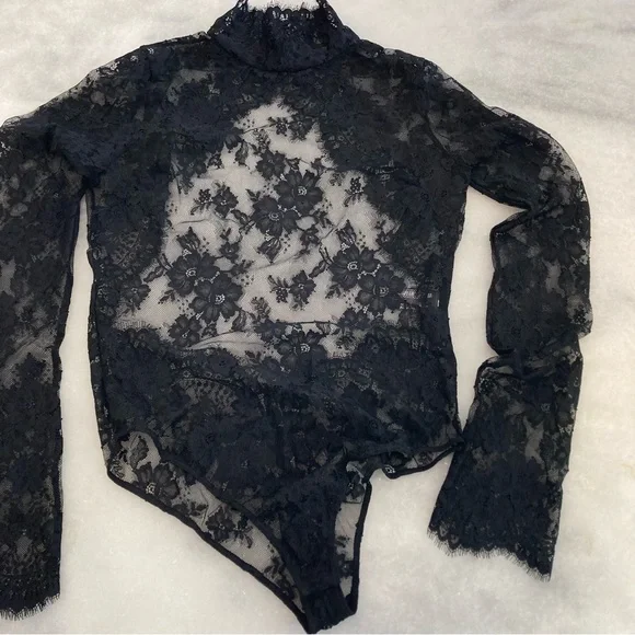 ZARA Floral Eyelash Black Lace Open Back Mock Neck Bodysuit - Picture 5 of 15